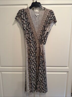 Joie Snake-Print Wrap Midi Dress in Beige and Black
